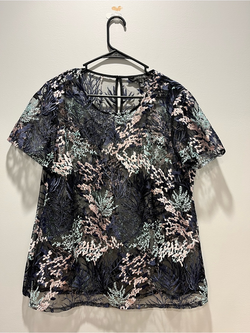 Women's Long Tall Sally Size L Black Mesh Floral Embroidered Blouse Sheer Top